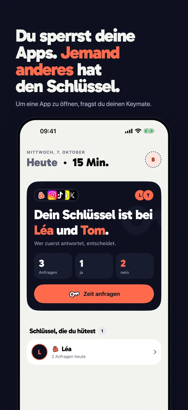 Du wählst die Apps, die gesperrt werden, und gibst deinen Schlüssel Léa und Tom.