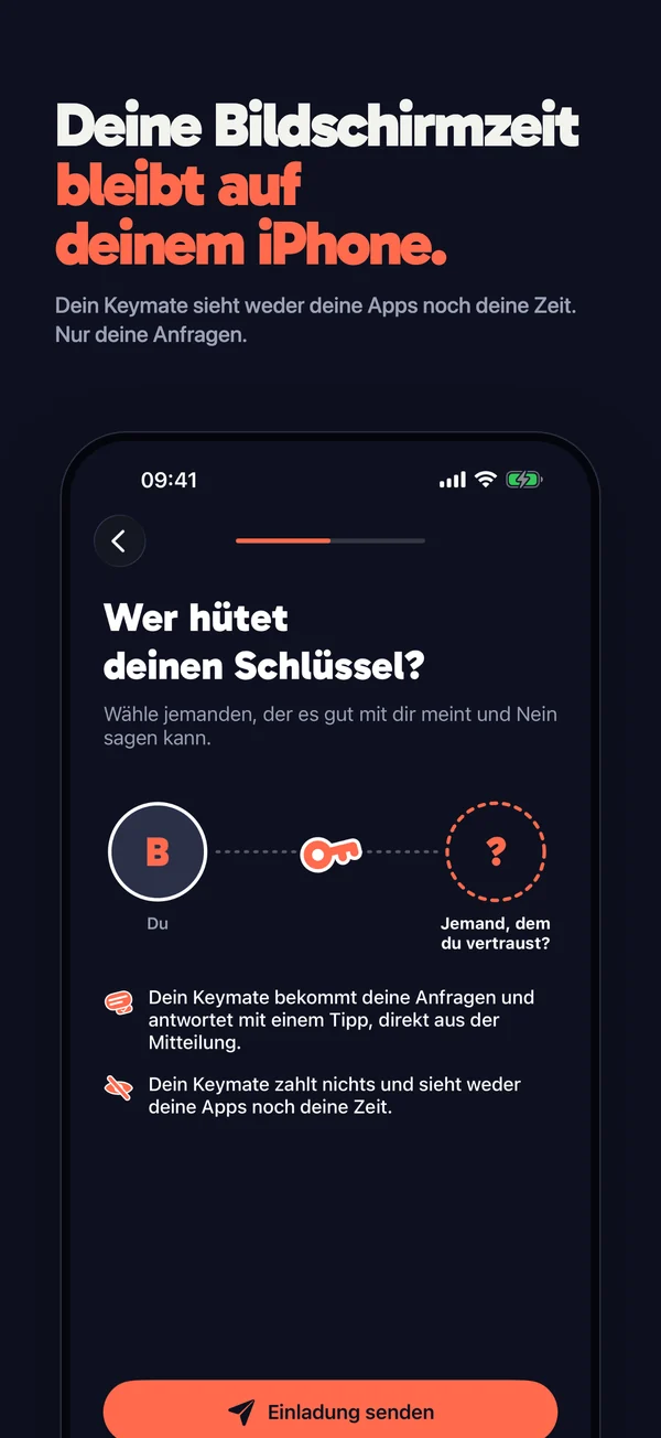 Du lädst deinen Keymate ein. Er sieht weder deine Apps noch deine Bildschirmzeit, nur deine Anfragen.