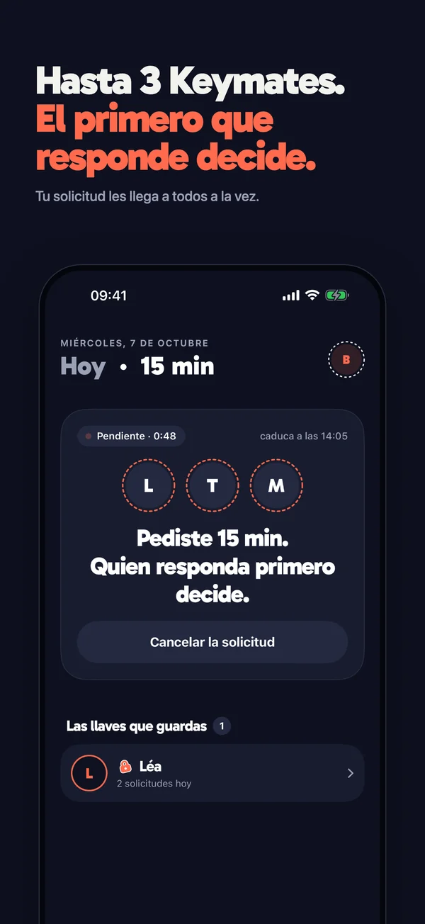 Pides 15 min: la solicitud les llega a todos tus Keymates y decide el primero que responde.