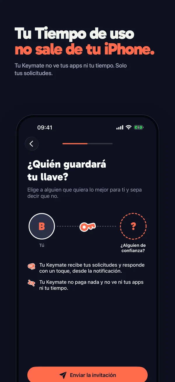 Invitas a tu Keymate. No ve tus apps ni tu tiempo de uso, solo tus solicitudes.