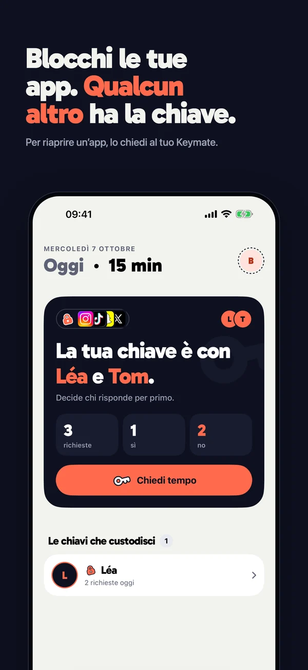 Scegli le app da bloccare e affidi la tua chiave a Léa e Tom.