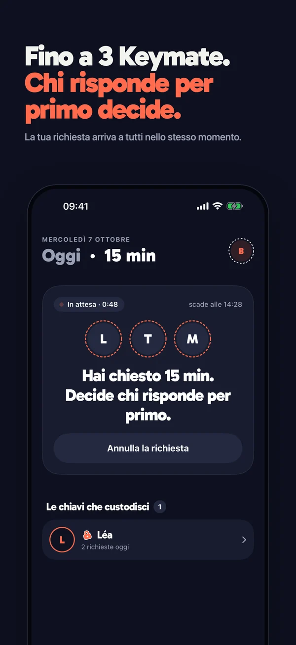 Chiedi 15 min: la richiesta arriva a tutti i tuoi Keymate e decide chi risponde per primo.
