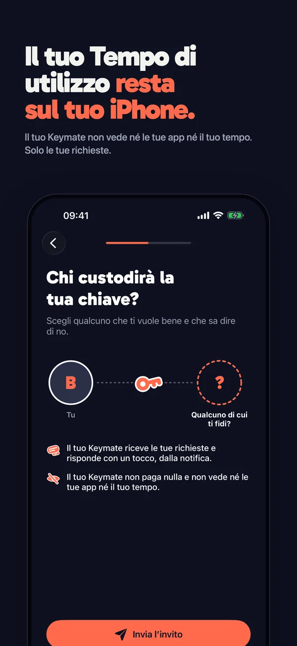 Inviti il tuo Keymate. Non vede né le tue app né il tuo tempo di utilizzo, solo le tue richieste.